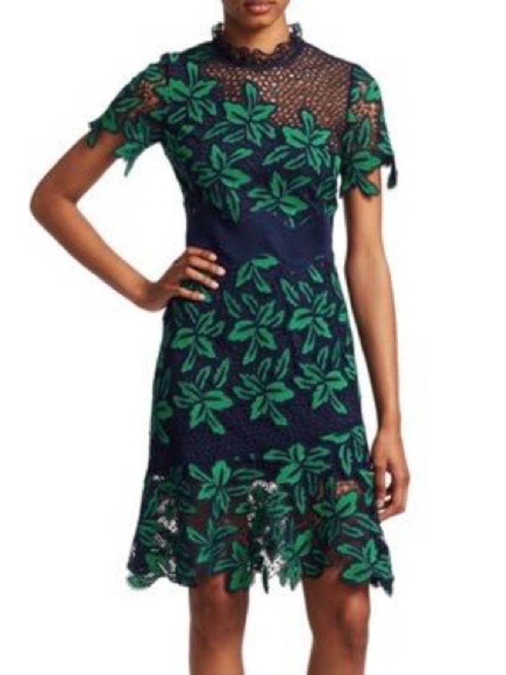 Sea Navy Mini Dress with Green Floral Lace